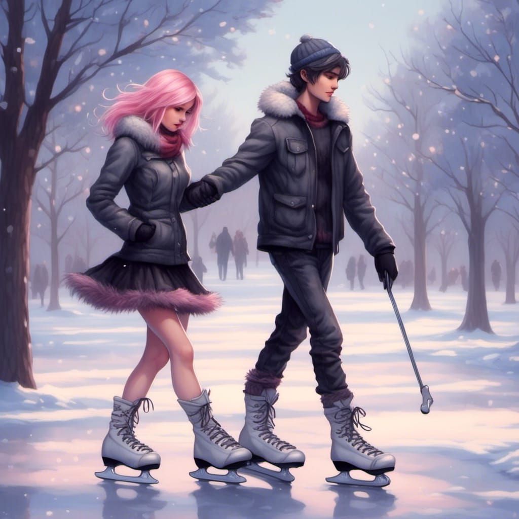 Cute Emo Couple Ice Skating in Hyperreal Style