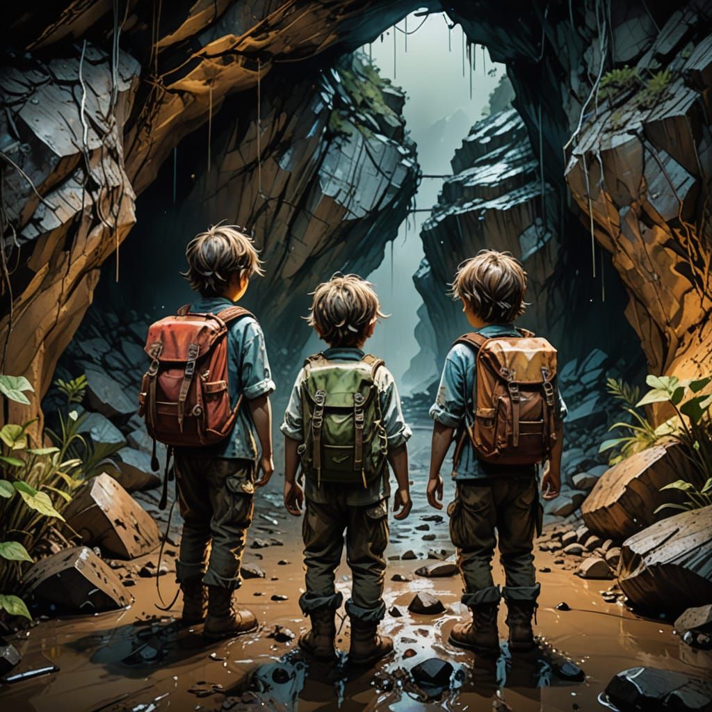 Toddler Expedition into Dark Cave, Moody Watercolor Art