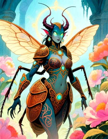 Winged Insectoid Demon: A Fantasy Watercolor Portrait