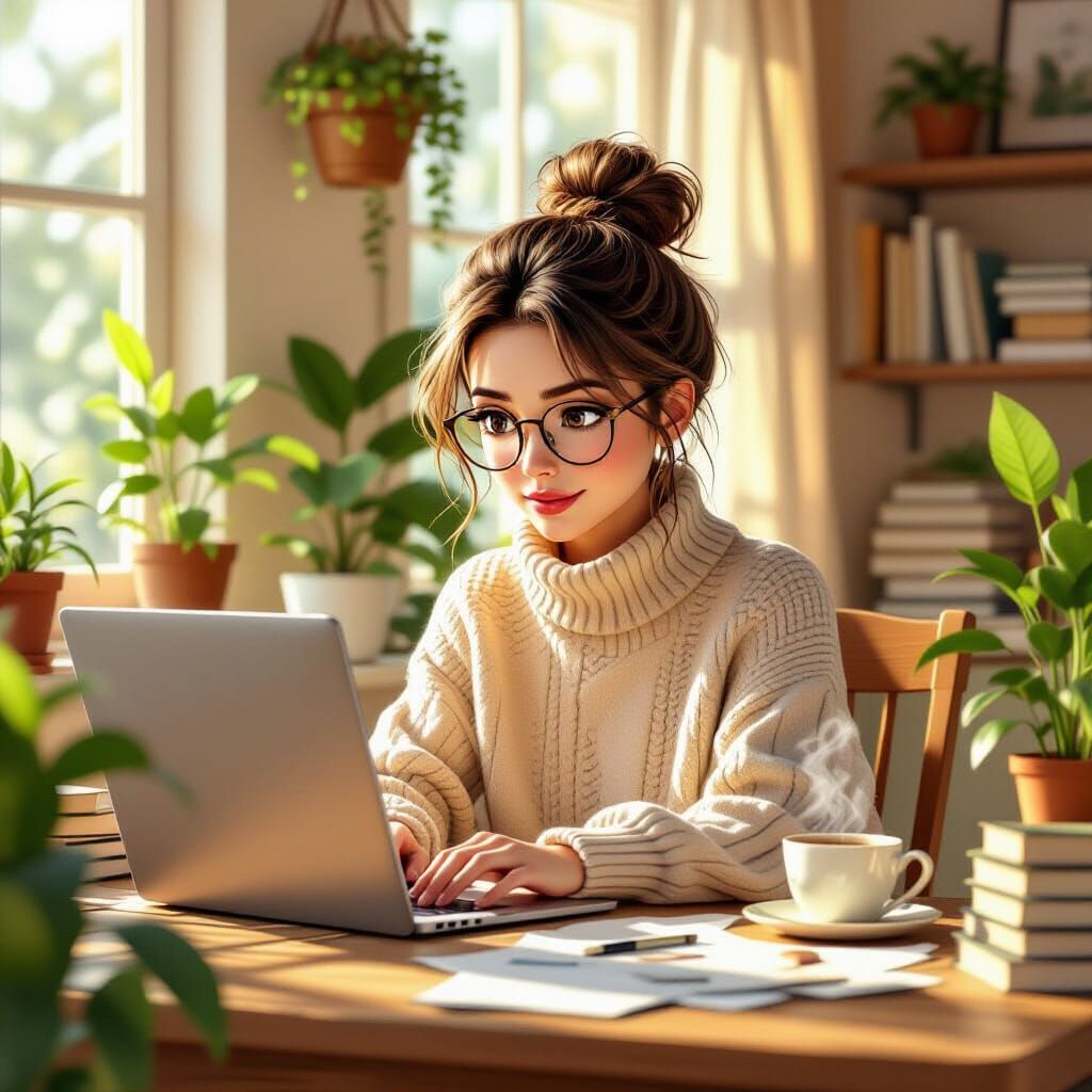 Cozy Desk Scene with Woman in 3D Cartoon Style