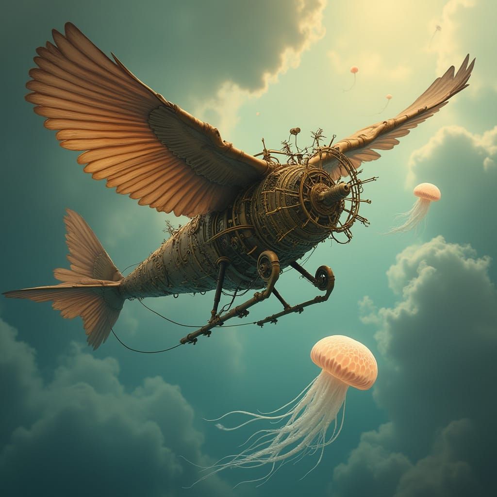 Steampunk Ornithopter Soaring Through Bioluminescent Jellyfi...