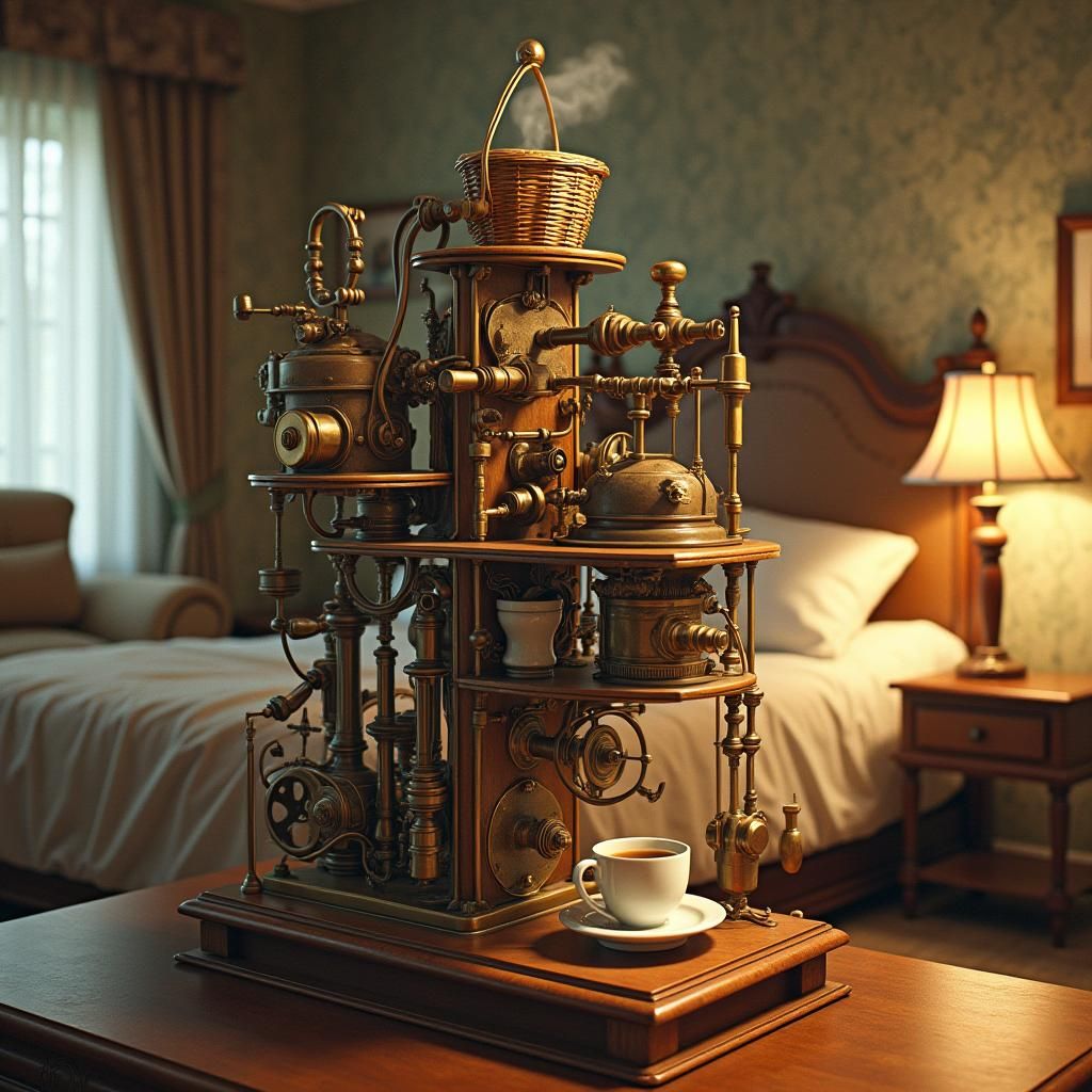 Whimsical Coffee Delivery Contraption in Heath Robinson Styl...