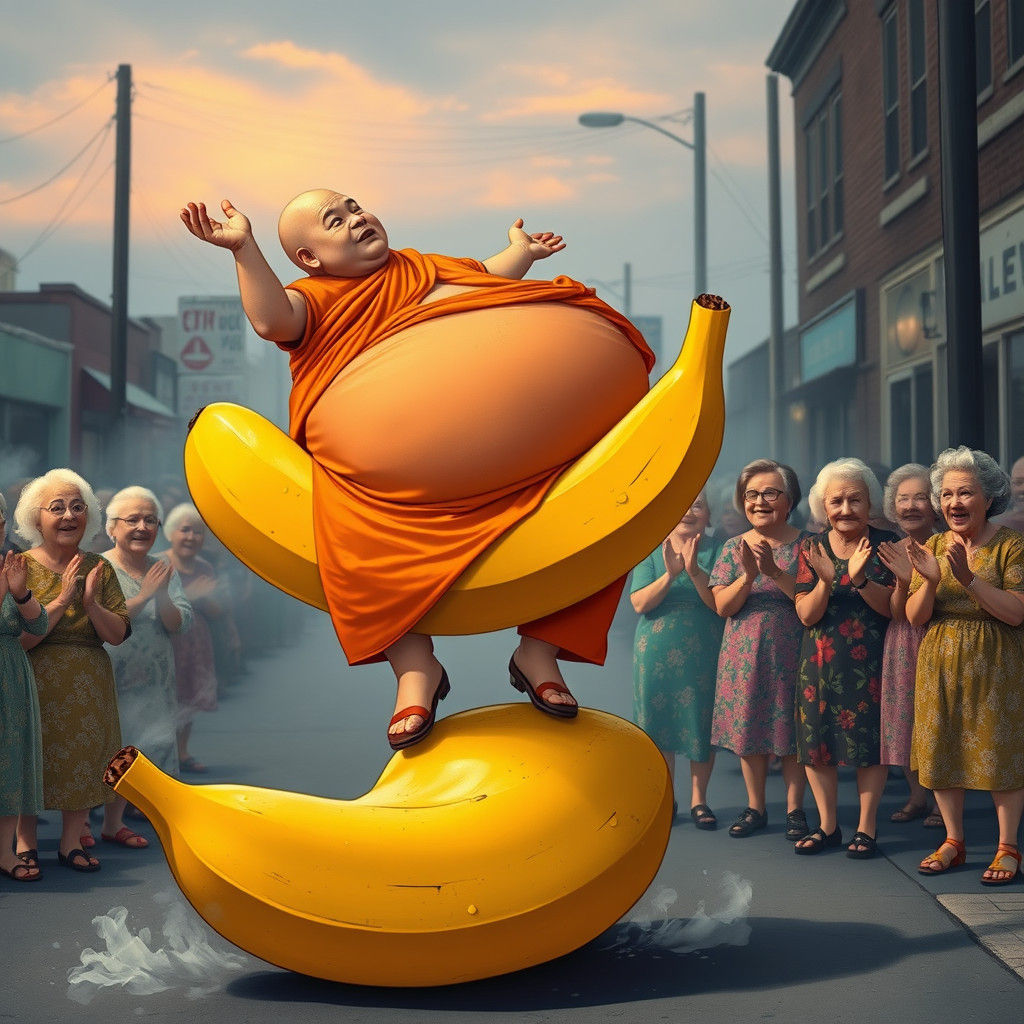 Humorous Monk Balances on Banana, Sitcom Style
