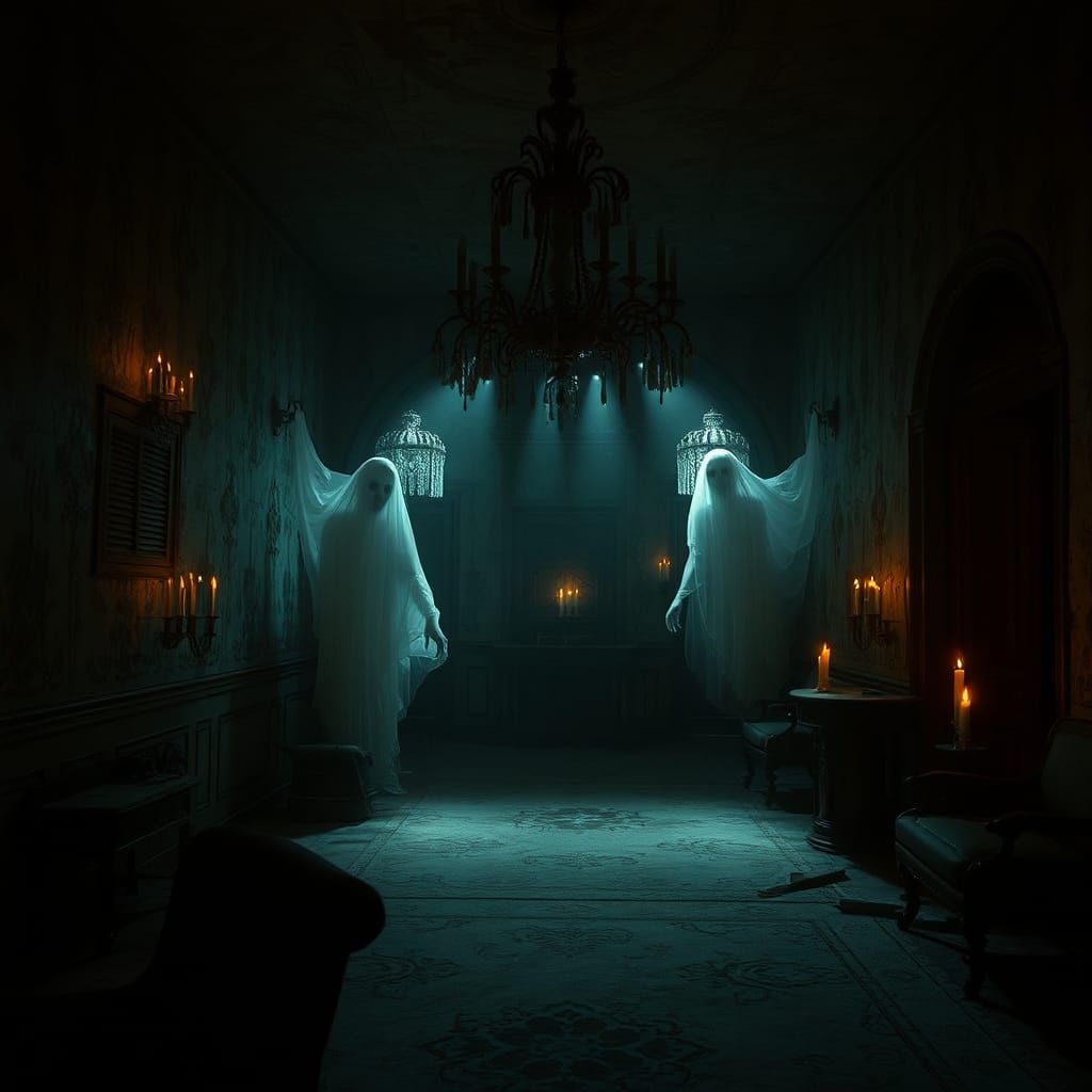 Haunted Mansion Interior with Ghostly Apparitions