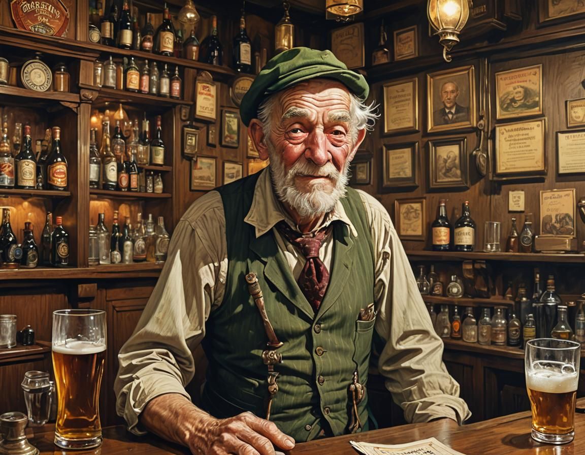 Vintage Irish Pub Scene with Old Drunk Man