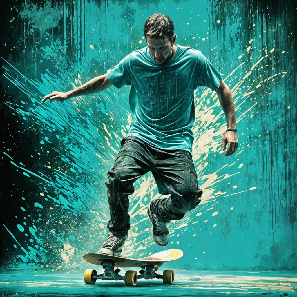 Skateboarder in Motion with Splash Art Elements