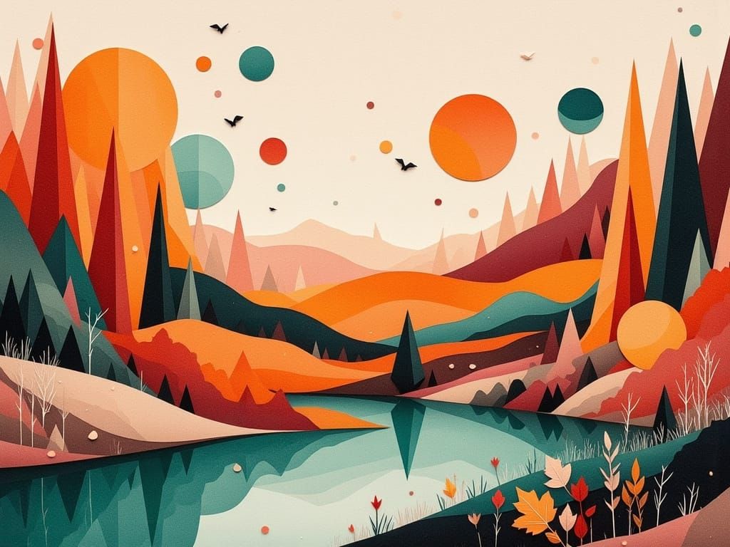 Vibrant Autumn Landscape in Stylized Geometric Shapes