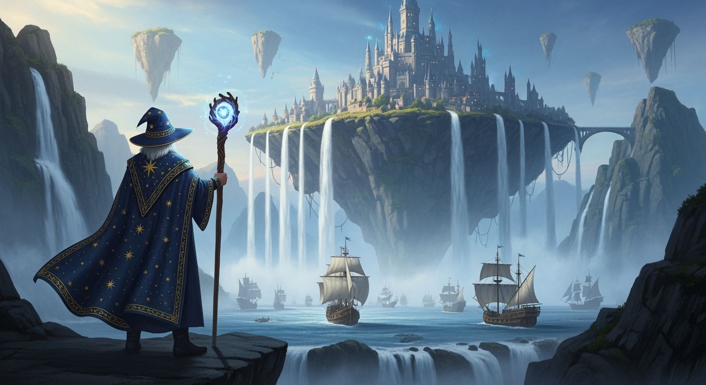 Wizard on Cliff Gazes at Floating Island with Castle