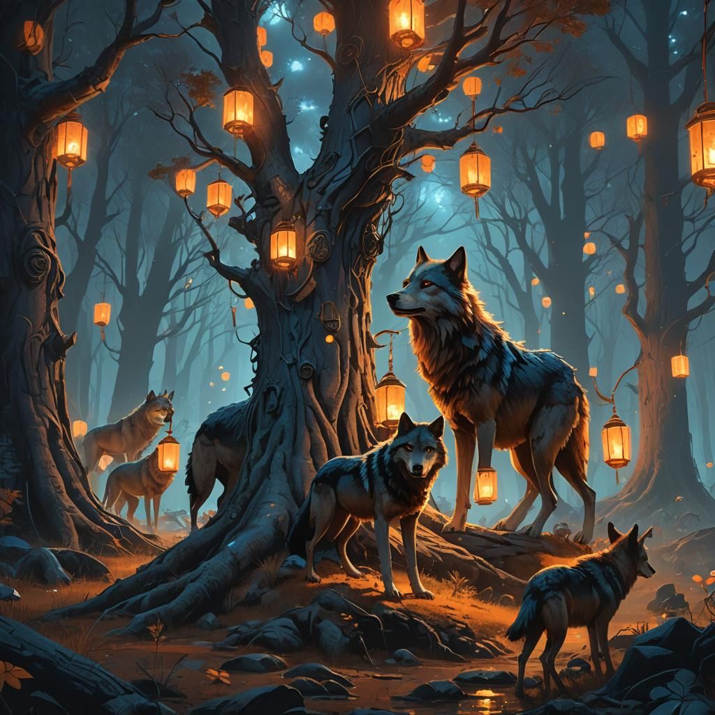 Wolves Gather Around Ancient Tree in Mystical Forest