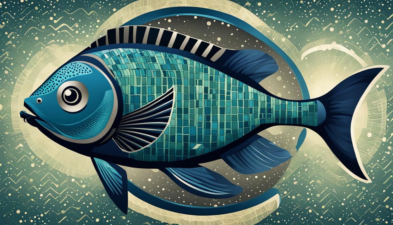Egyptian Cartoon Fish in Abstract Tech Ocean