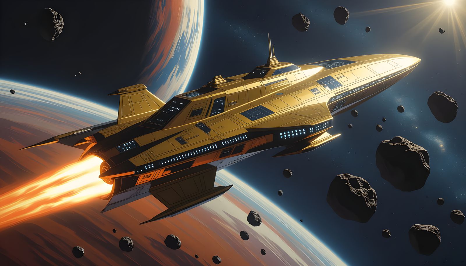 Detailed Gold Space Battlecruiser Soaring Through Space