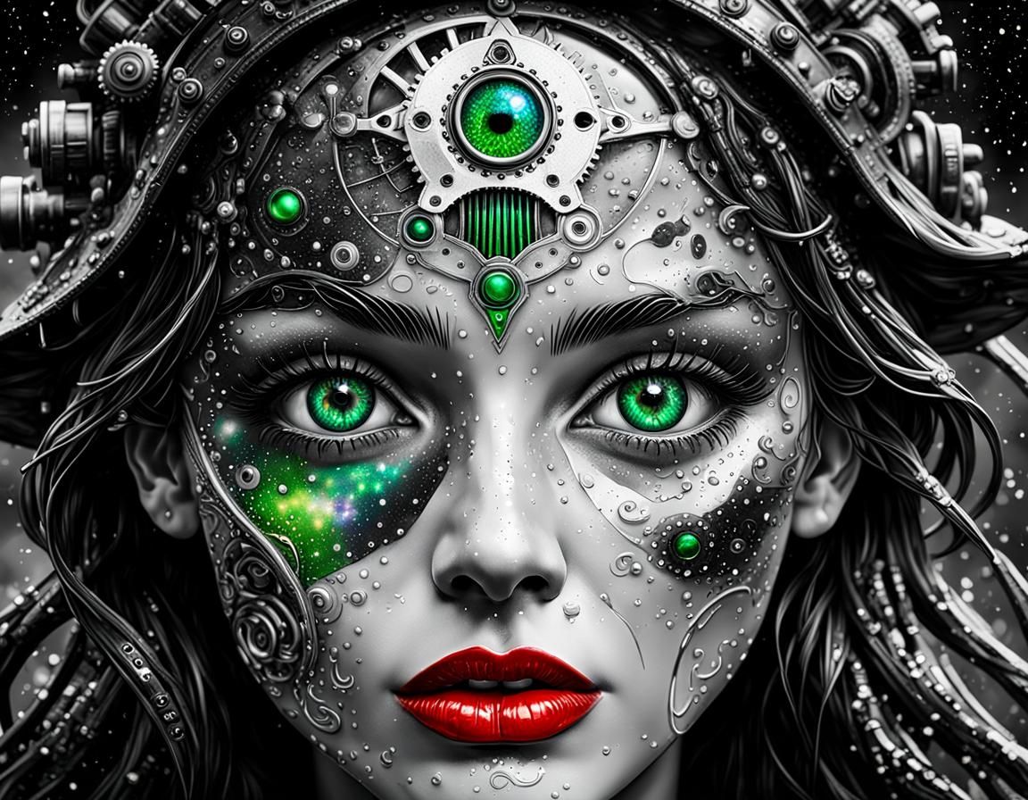 half of a black and white, wet face, with intense green eyes...