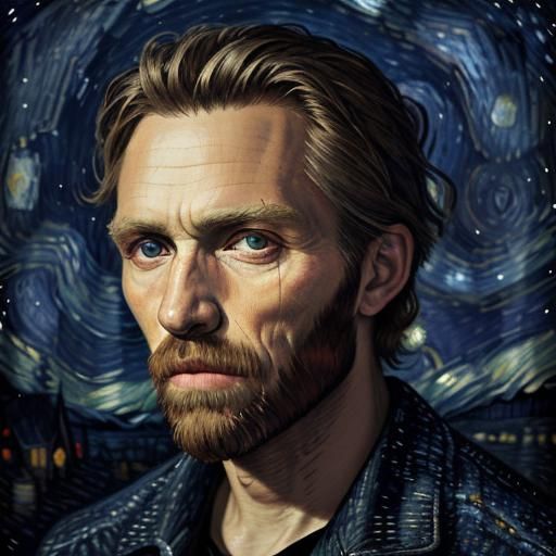 Skull with Starry Night Background in Van Gogh Style