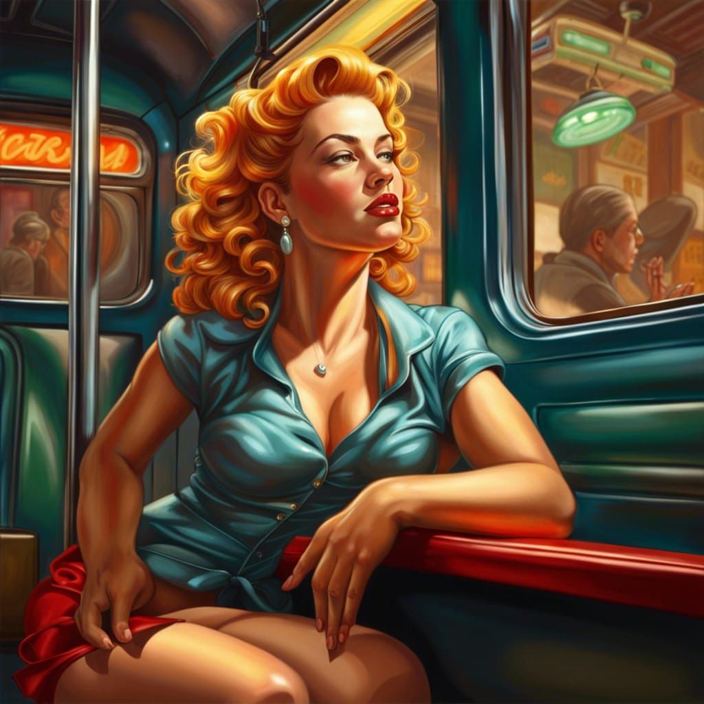 A pinup girl sitting in at streetcar, by Brown & Bigelow , a masterpiece,beautiful.