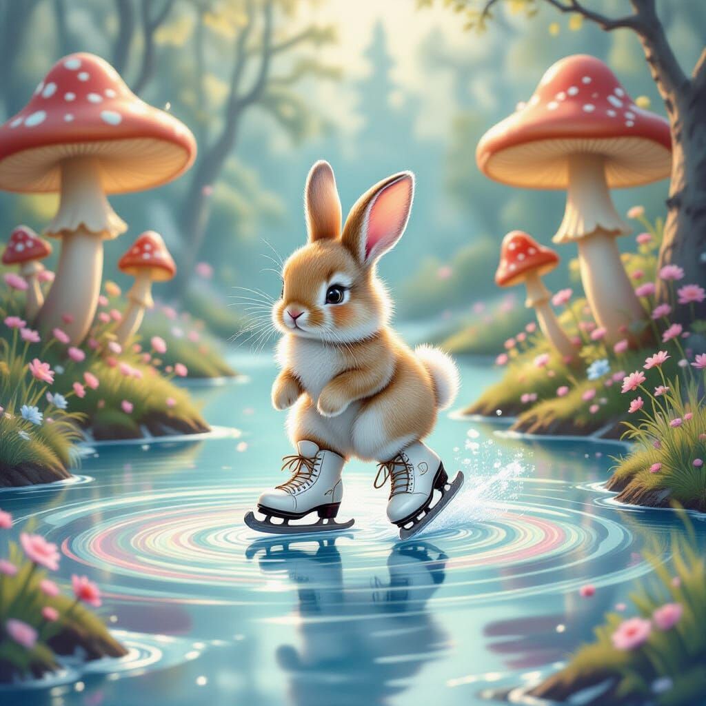 Fluffy Rabbit Ice Skating on Pastel Swirl Pond