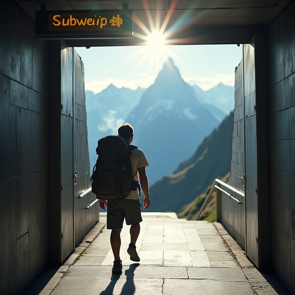 Sherpa with Backpack Exits Subway Into Swiss Alps