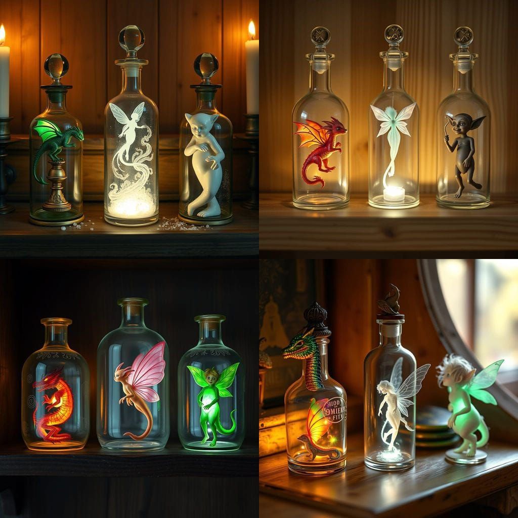 Elegant Glass Bottles Showcase Mythical Creatures in Soft Gl...