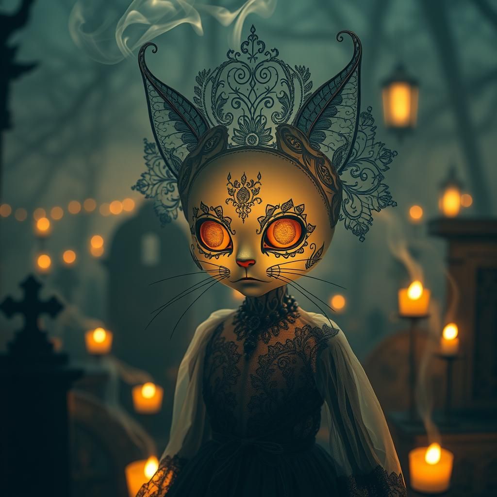 Ghost Cat with Día de Muertos Filigree