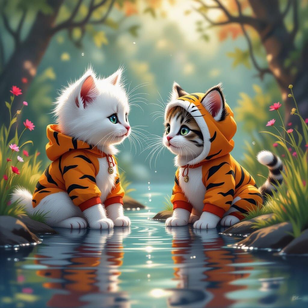 Fluffy Kitten in Tiger Suit Sees Reflection in Pond
