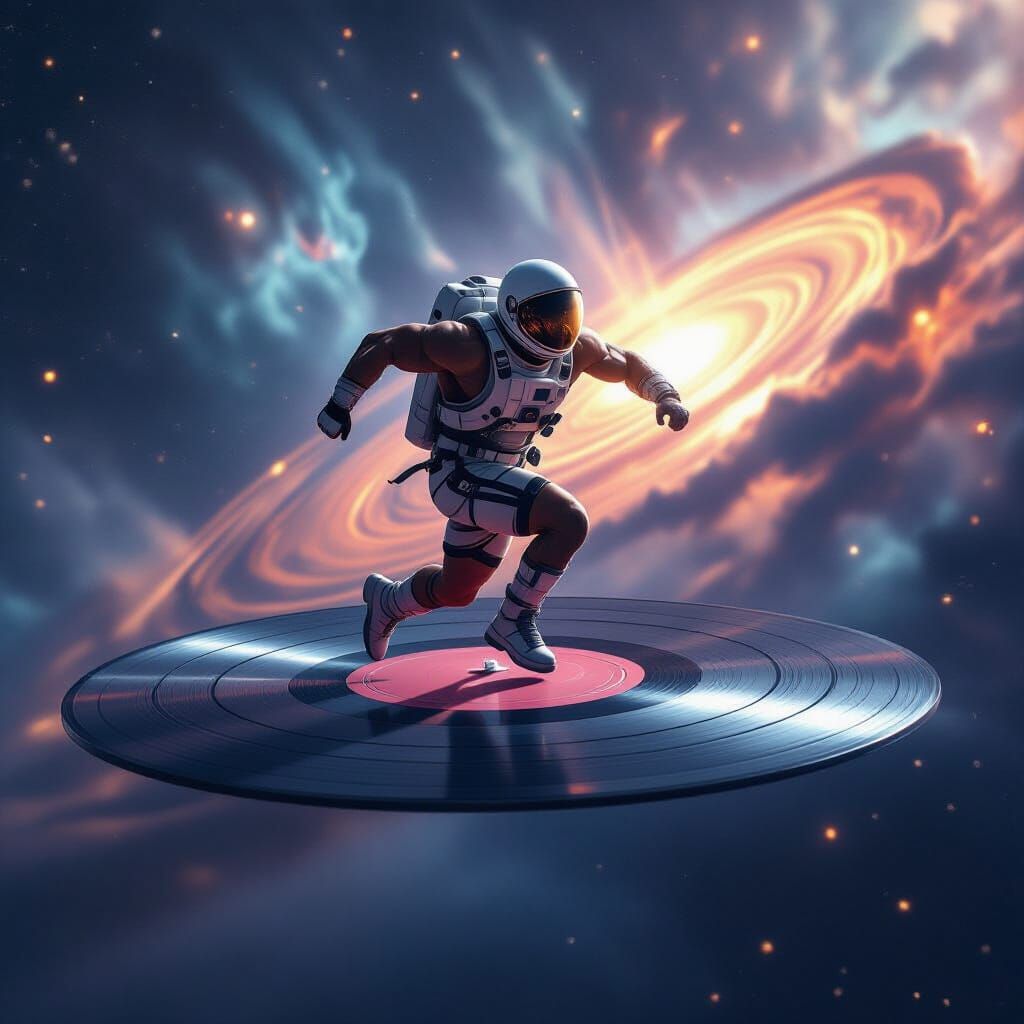 Muscular Man Runs on Giant Spinning Vinyl Record in Space