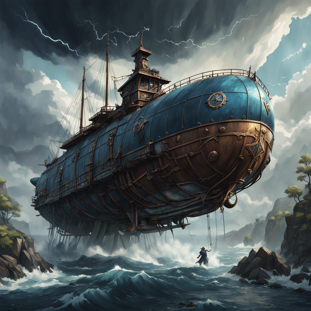 Steampunk Dragonborn Battles Tempest on Majestic Airship