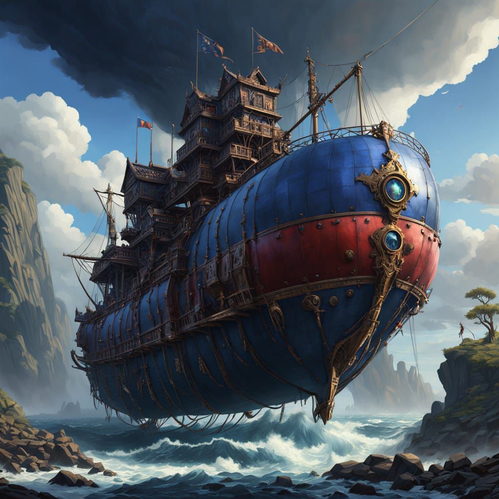 Majestic Steampunk Airship Battles Stormy Skies
