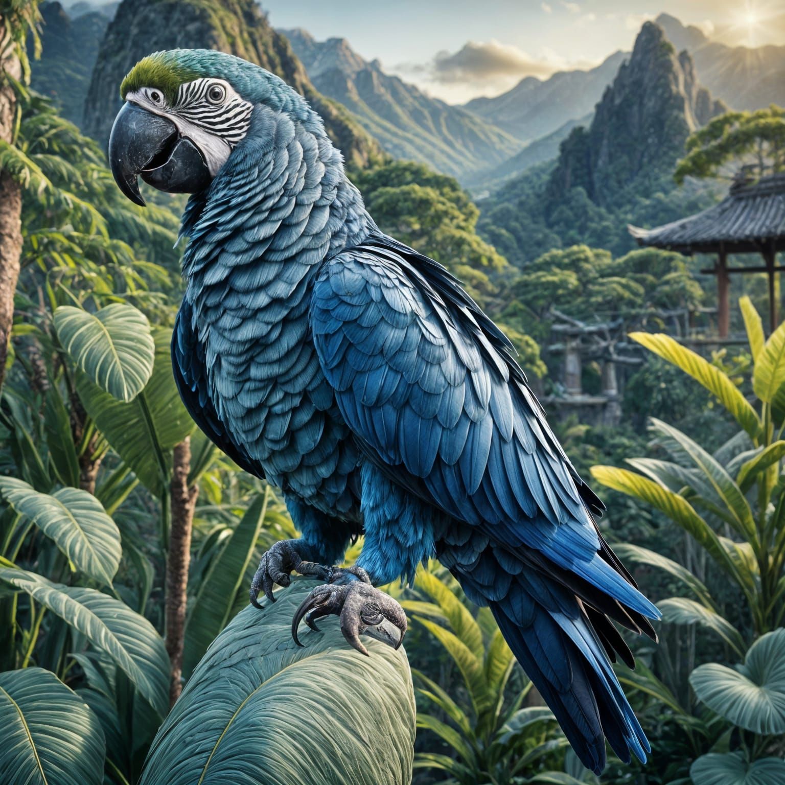 Parrot in Zen Mountain Garden at Sunrise