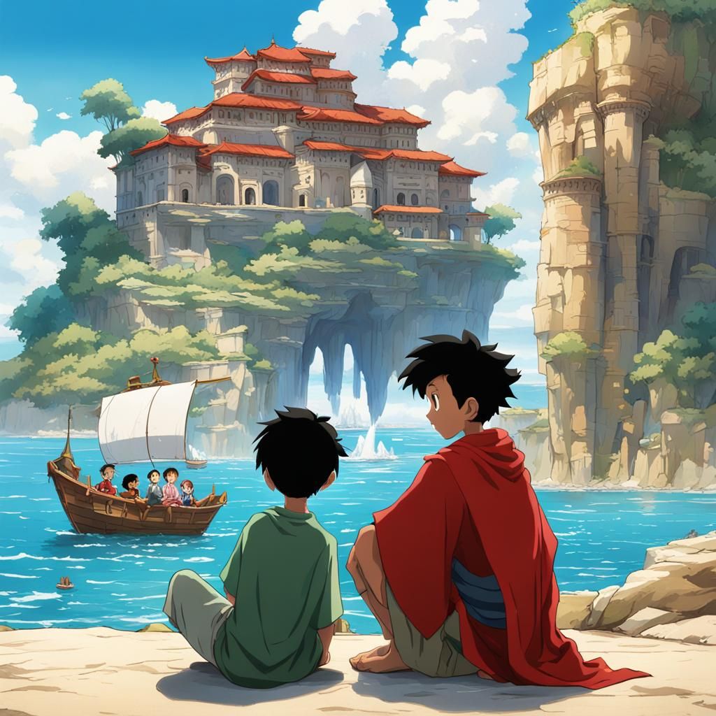 Anime Boy and Nobleman Gaze at Futuristic Seaside Tower