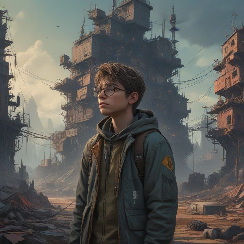 Worried Boy in Eerie Sci-Fi Landscape