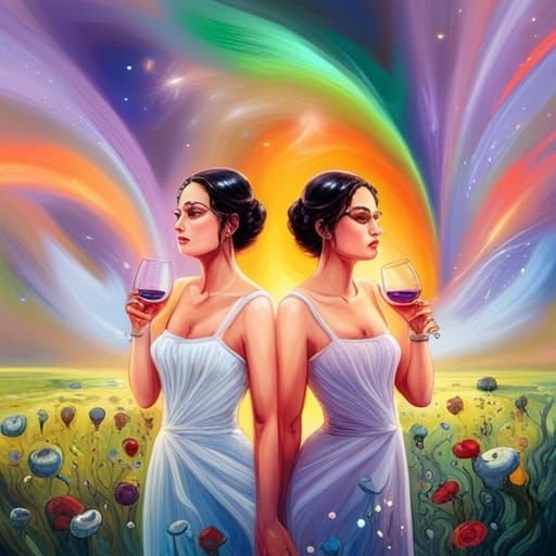 Two Brides Toasting Under Rainbow, Digital Illustration