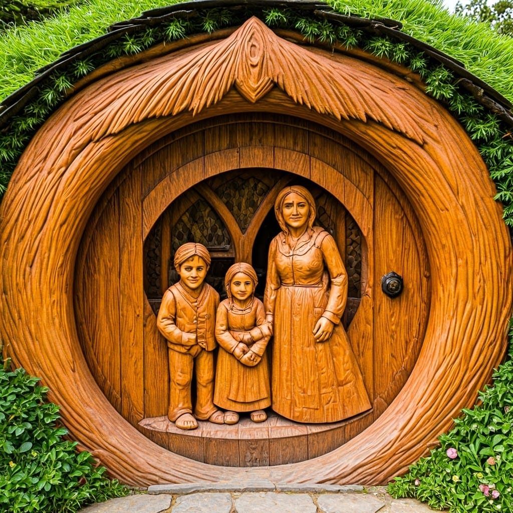 Hyperrealistic Hobbit Home with Wooden Mosaic Door
