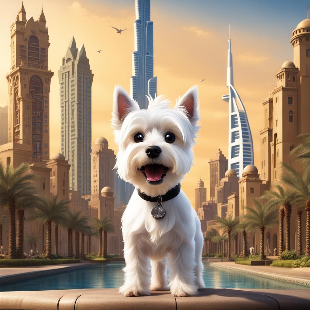 Westie in Dubai: A Pixar-Style Animated Movie Poster