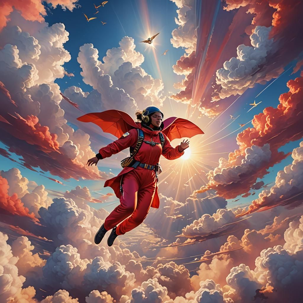 Girl in a red wingsuit  in the sky