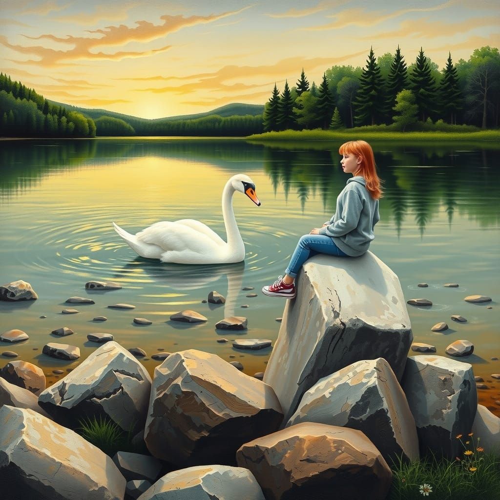 Serene Lake Scene with Young Girl and Swan in Scratchboard A...