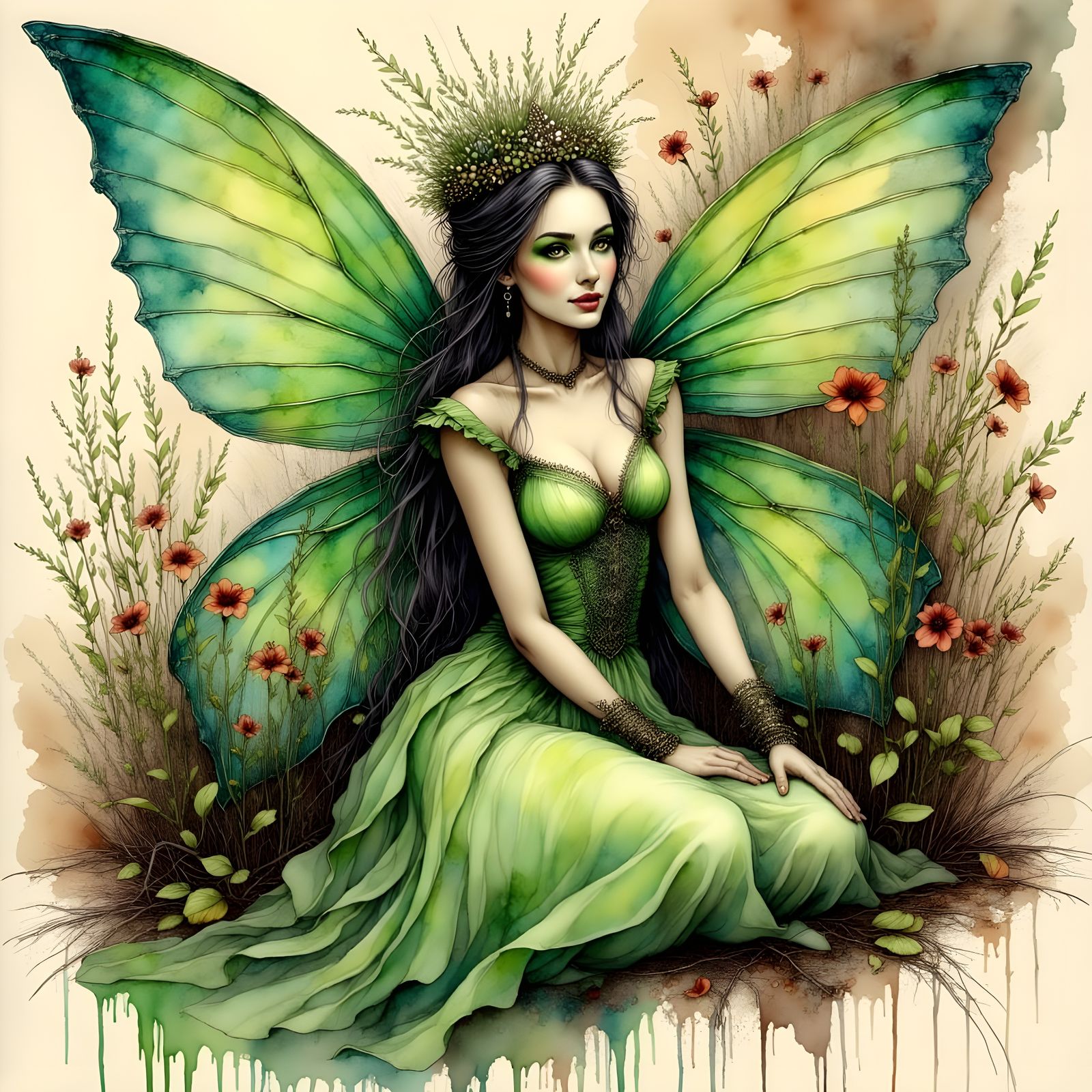 Enchanting Faerie Queen in Ink and Watercolor