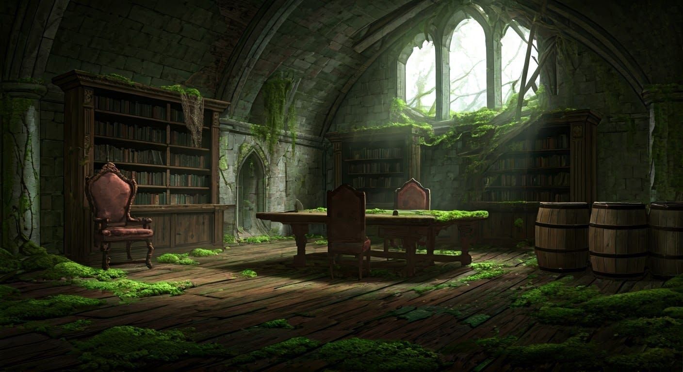 Ancient Library Consumed by Moss and Ruin
