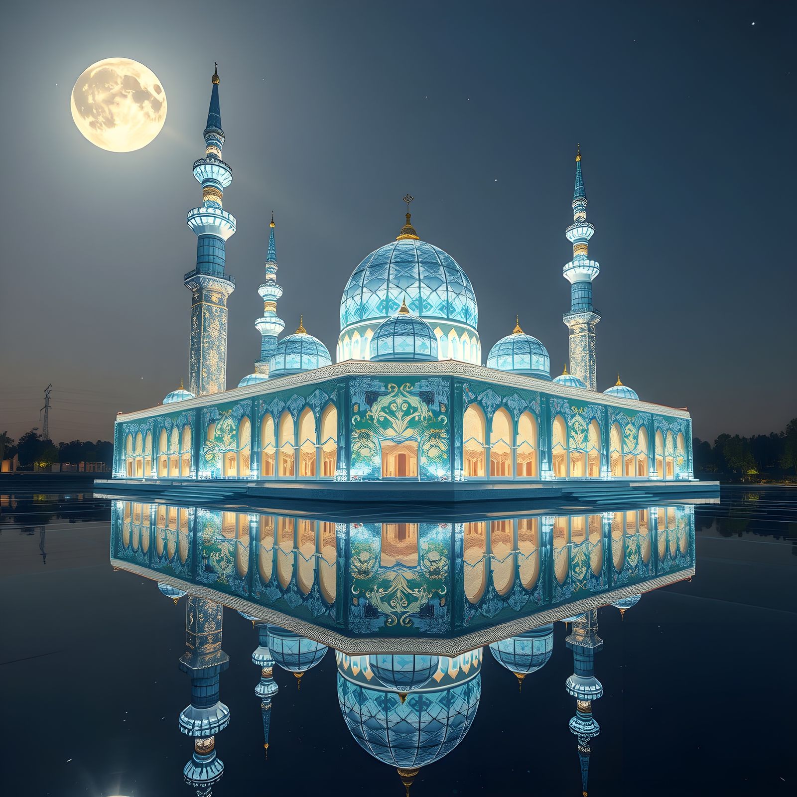 Ethereal Crystal Mosque Shimmers Under Moonlight