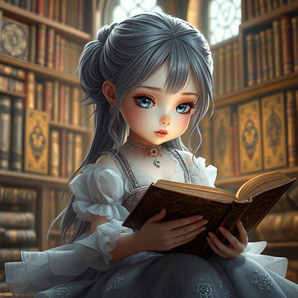 Enchanted Princess in Whimsical Library of Wonders