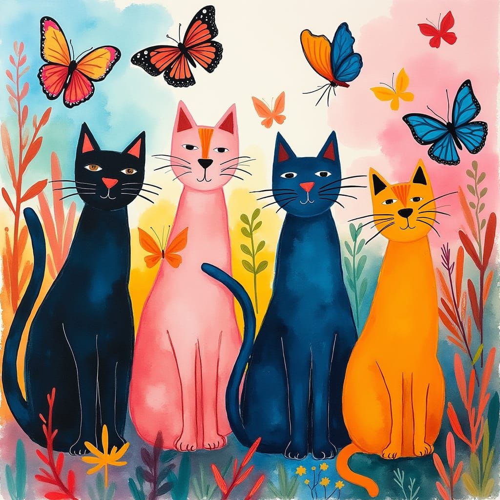 Vibrant Fauvist Cats in Whimsical Watercolor