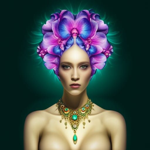 queen, wearing singular phalaenopsis petal and sepal as a bo...