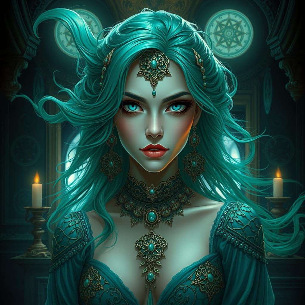 Mysterious Woman with Turquoise Eyes, Art Nouveau Portrait
