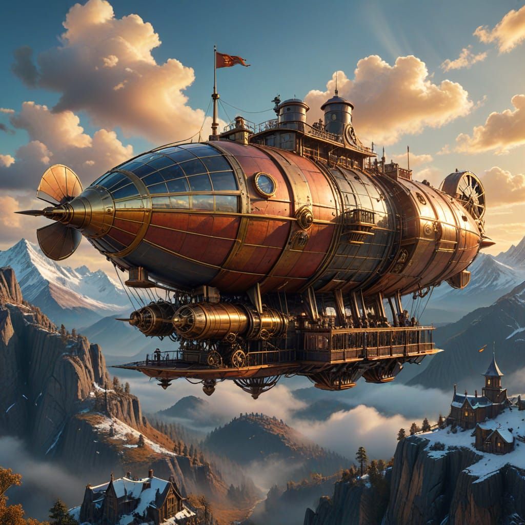 Steampunk Fantasy Airship Soars Through Enchanted Mountains