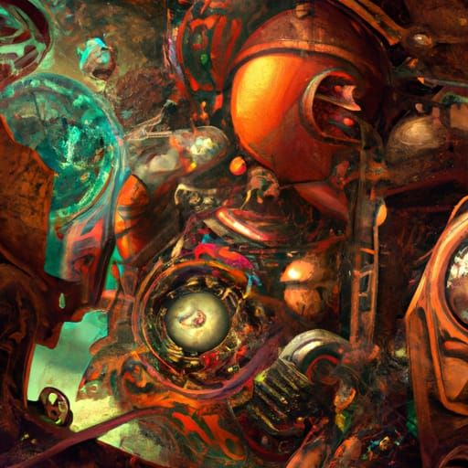 Vibrant Steampunk Engine in Acrylic Art Style