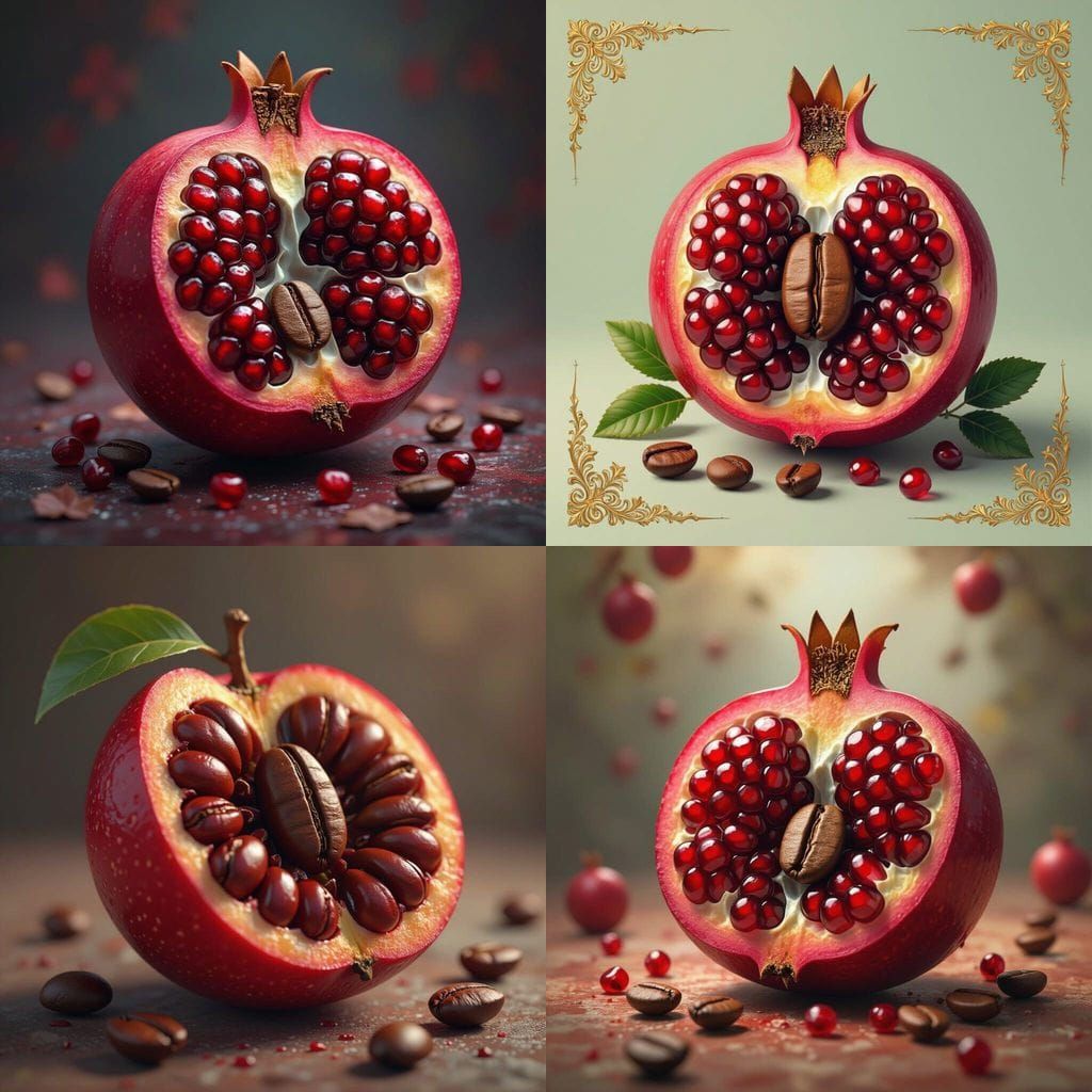 Pomegranate Halved With Single Coffee Bean Inside, Red Tones