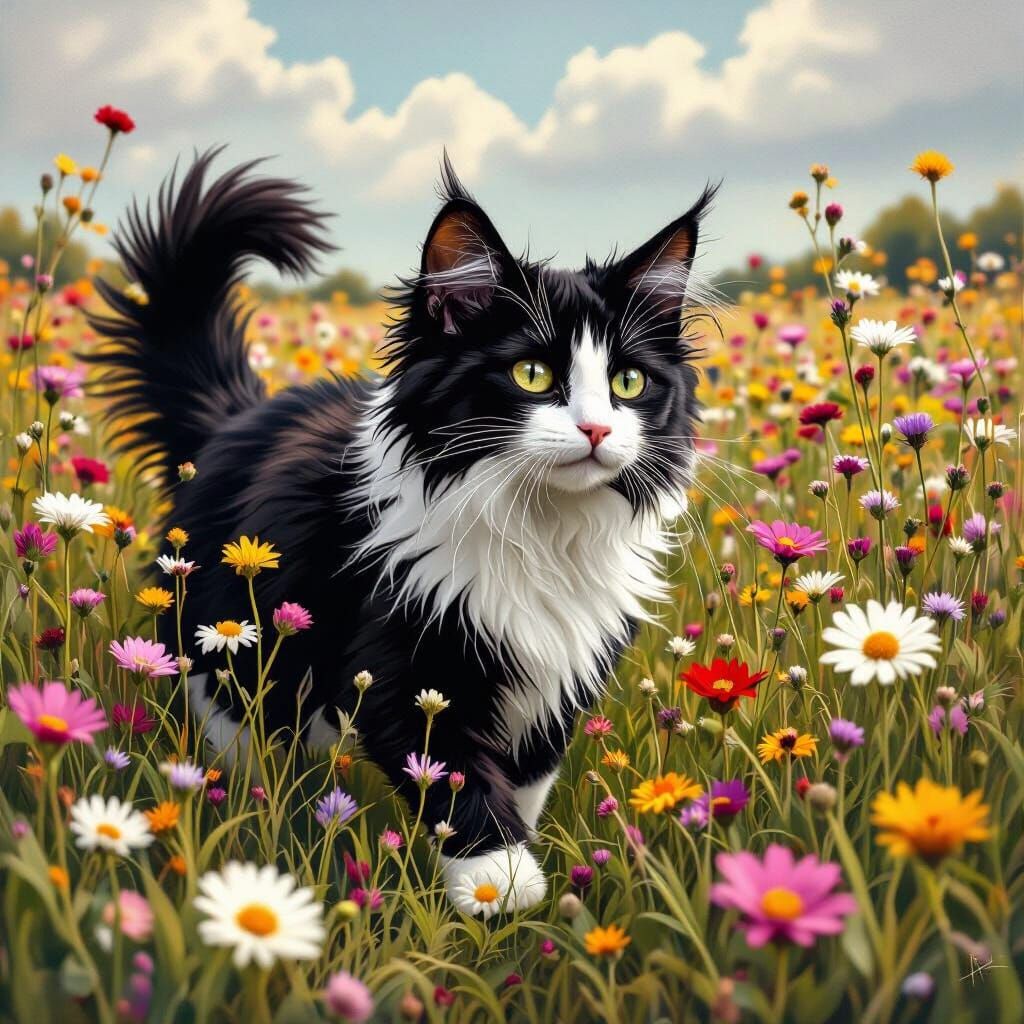 Monochrome Devon Rex in Wildflower Meadow