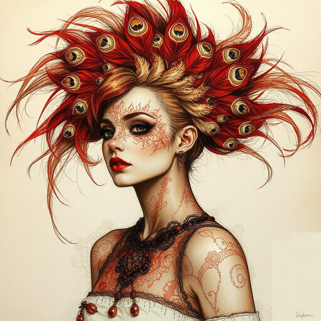 Woman with Peacock Feather Hair Portrait