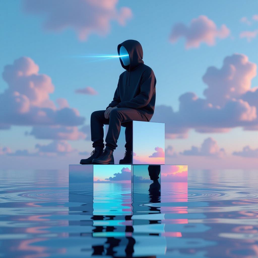 Man on Cubes in Glitch Art Surreal Style