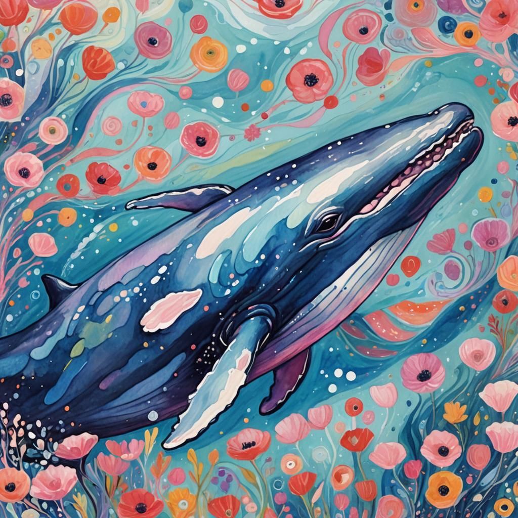 Whimsical Whale in Vibrant Ocean Gouache Illustration