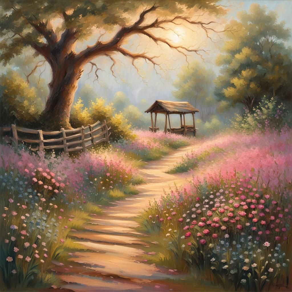 Idyllic Landscape with Winding Path as Oil Painting