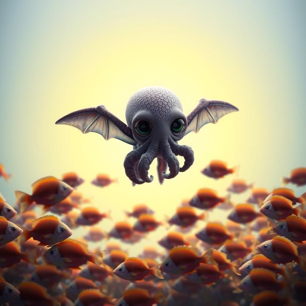 Cute Winged Cthulhu Swims Underwater: 3D Digital Art